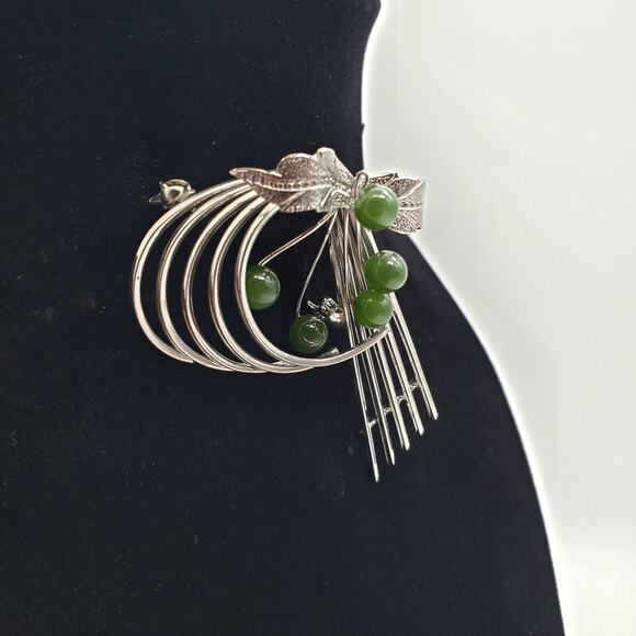 Jade Abstract Brooch Silver Tone Leaf Pin Green Stone Vintage 1960s Modernist - Picture 7 of 9